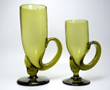 Sowerby green wrythen handled mugs, large and small
