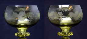 Sowerby green wrythen wine glass with grape vine engraving, detail