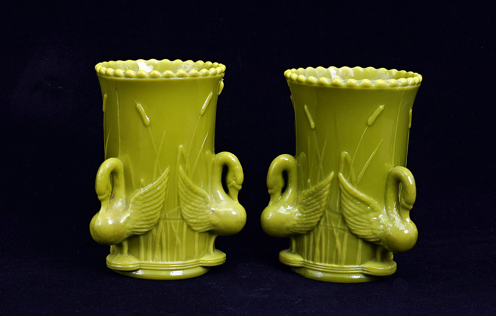 Sowerby aesthetic green, pair swan spill holders with bullrushes