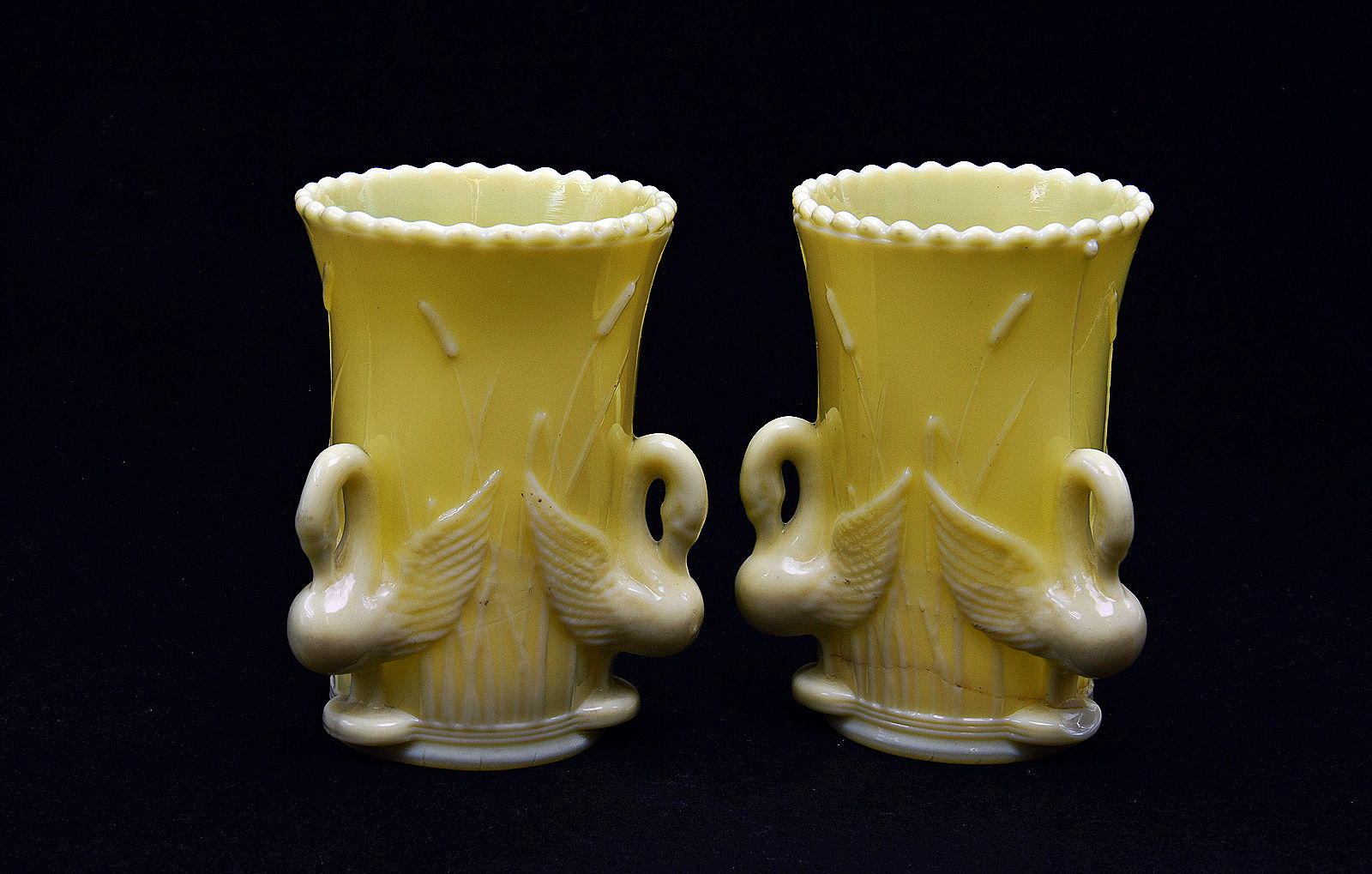 Sowerby aesthetic yellow, pair swan spill holders with bullrushes