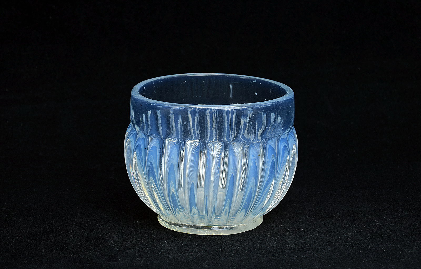 Sowerby opalescent Blanc de Lait, round posy vase with ribbed decoration