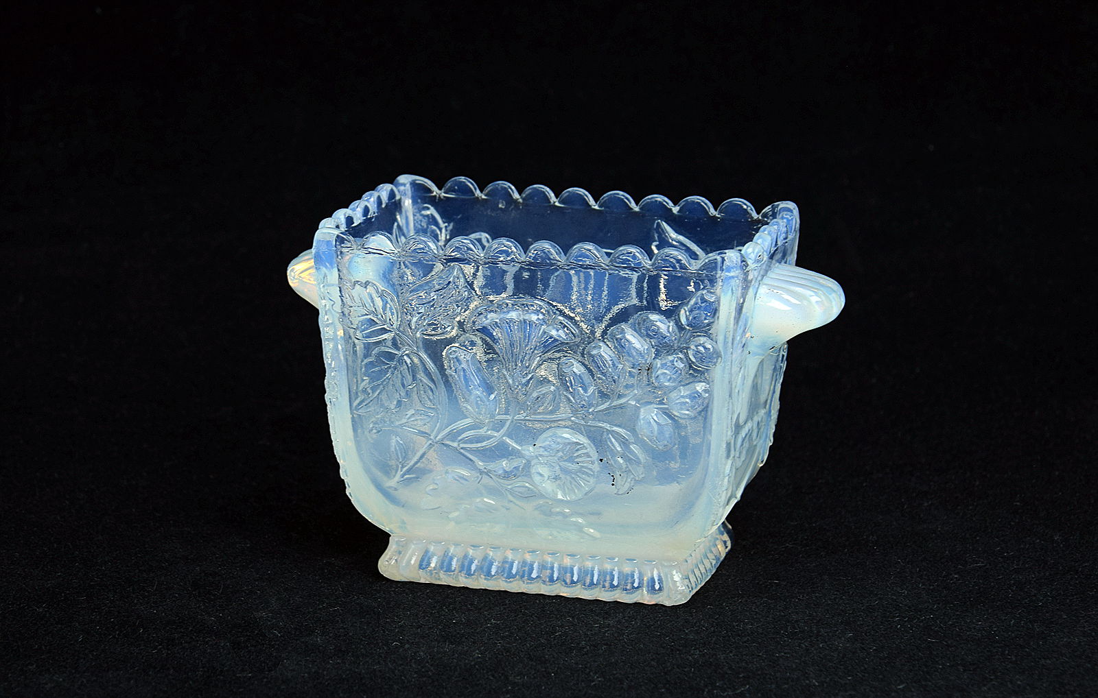 Sowerby opalescent Blanc de Lait, small oblong post with flower decoration and 2 handles