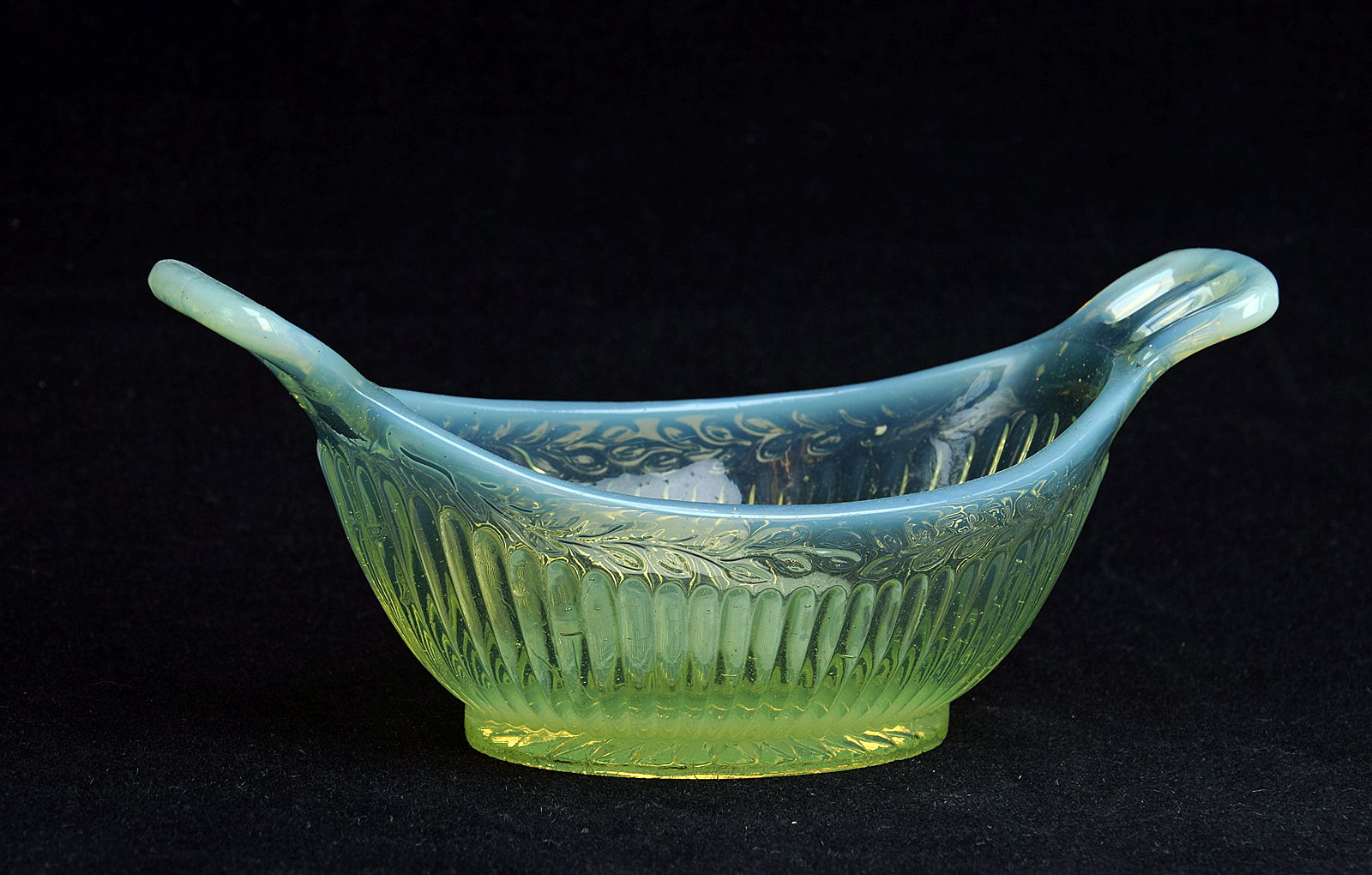 Sowerby stained opalescent Blanc de Lait, small oriental style oval basket with ribbed decoration and comb 2 handles