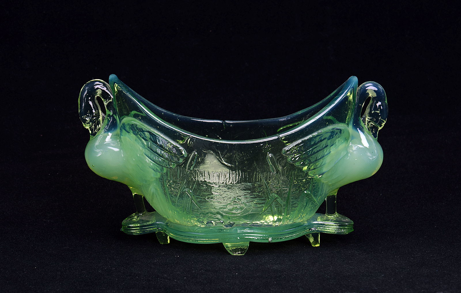 Sowerby stained opalescent Blanc de Lait, double ended swan trough with lilies and bullrushes