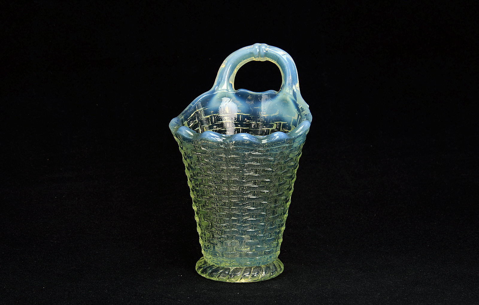 Sowerby stained opalescent Blanc de Lait, single handle small basket weave vase
