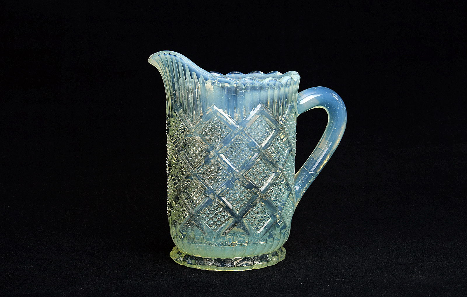 Sowerby stained opalescent Blanc de Lait, cream jug with diamond decoration