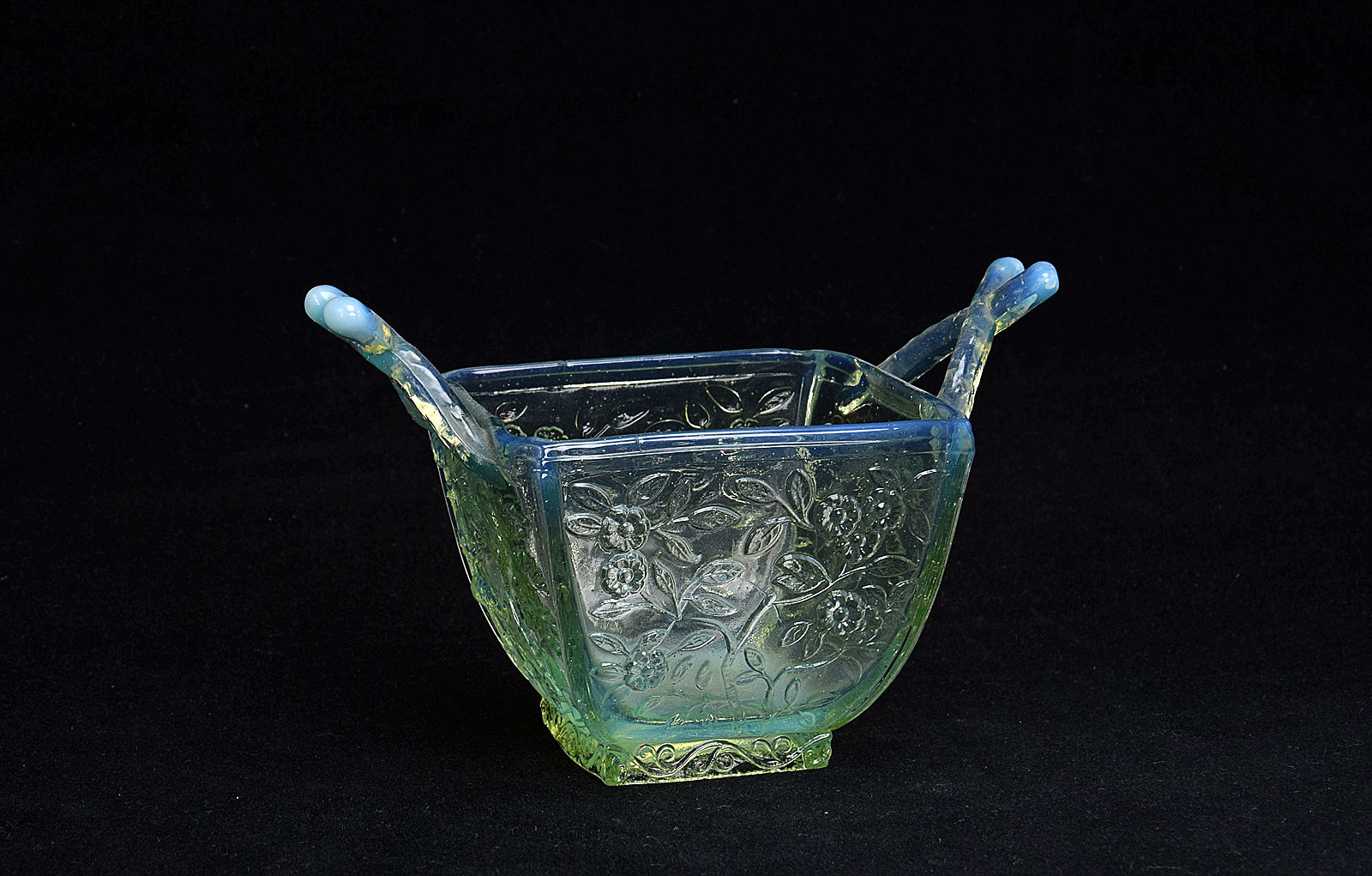 Sowerby stained opalescent Blanc de Lait, square posy vase with twig handles and peony decoration