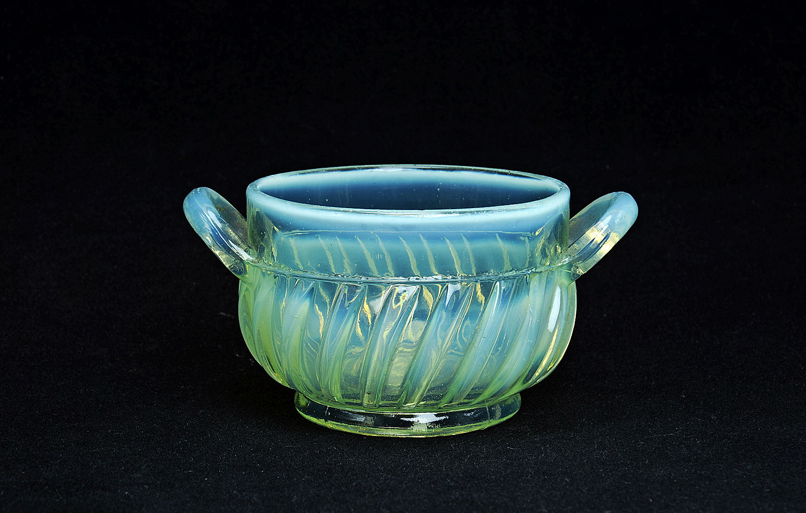 Sowerby stained opalescent Blanc de Lait, posy vase with 2 handles