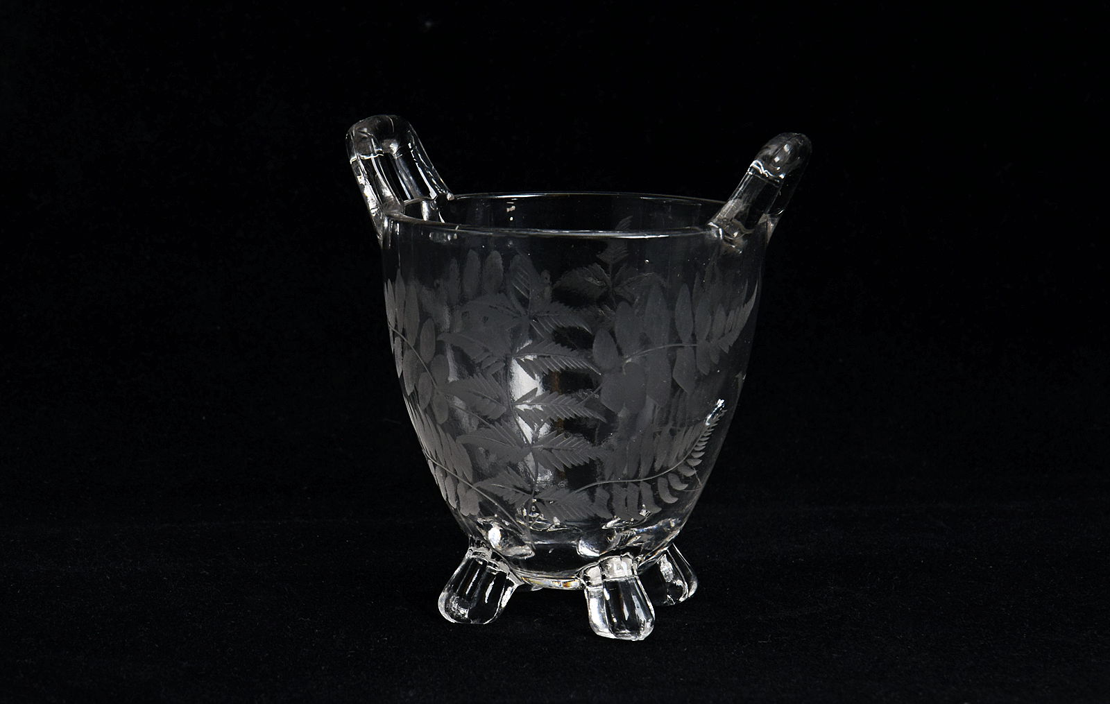 Sowerby clear glass, small two handled vase hand decorated with ferns