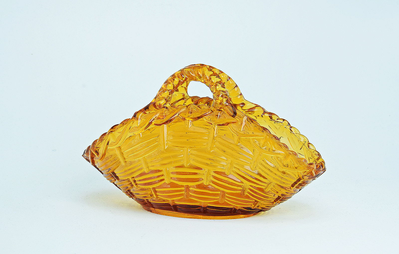Sowerby gold amber, 2 handled closed vase with basket weave pattern