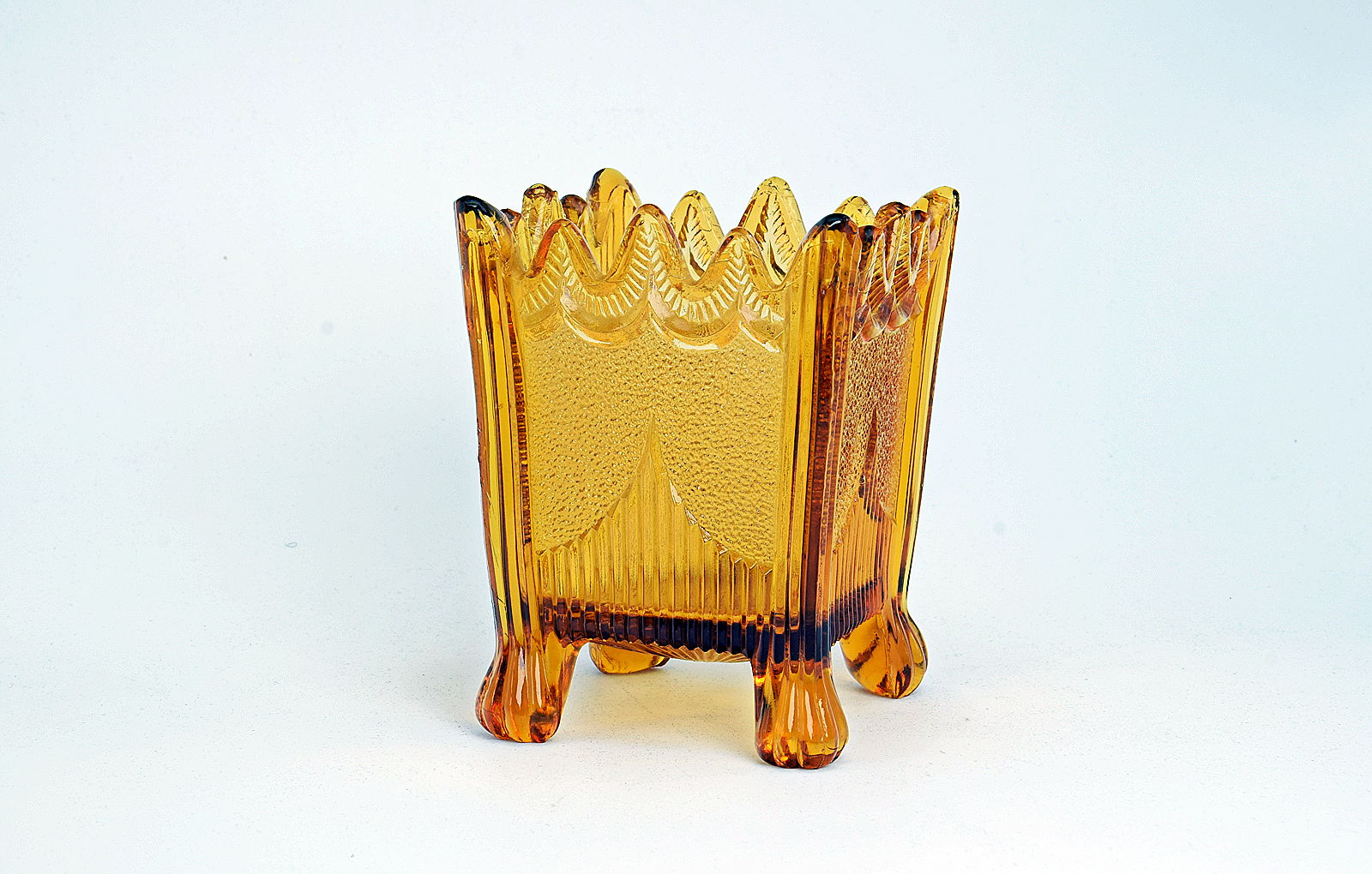 Sowerby gold amber, 4 footed square posy vase