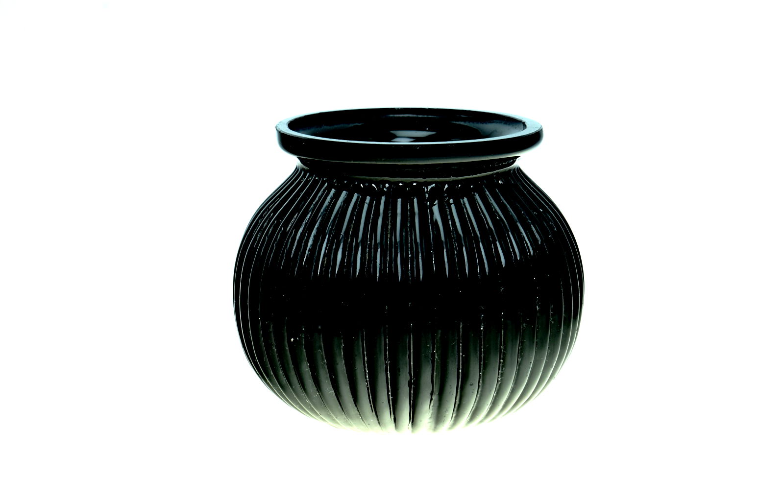 Sowerby jet black, small, round, mould blown posy with ribbed decoration