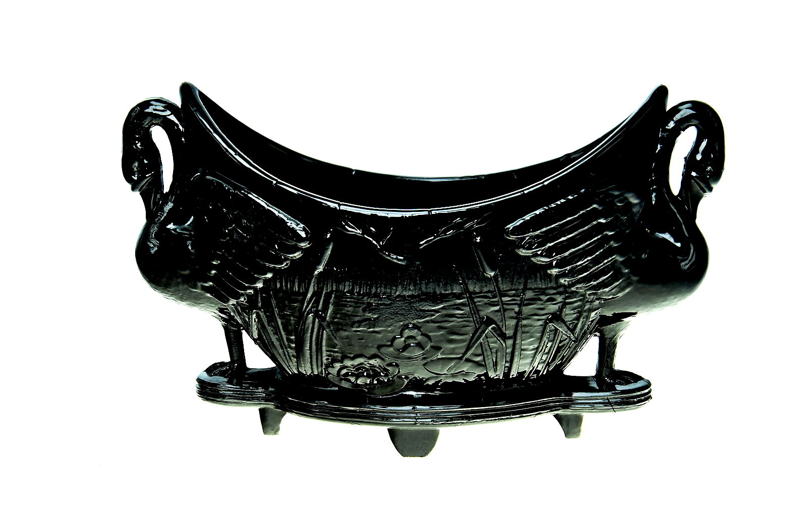 Sowerby jet black, double ended swan trough with lilies and bullrushes