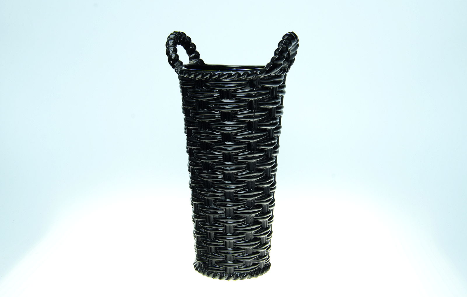 Sowerby jet black, tall, 2 handled, basket weave spill vase