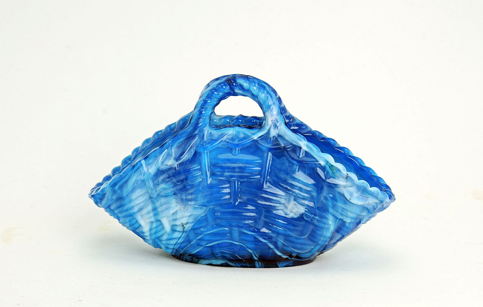 Sowerby blue malachite, 2 handled closed vase with basket weave pattern
