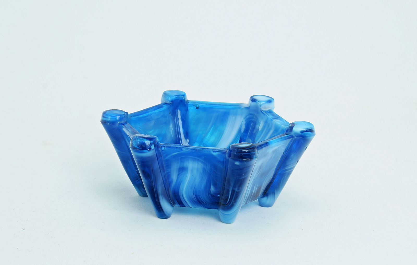 Sowerby blue malachite, 6 sided salt, translucent blue glass