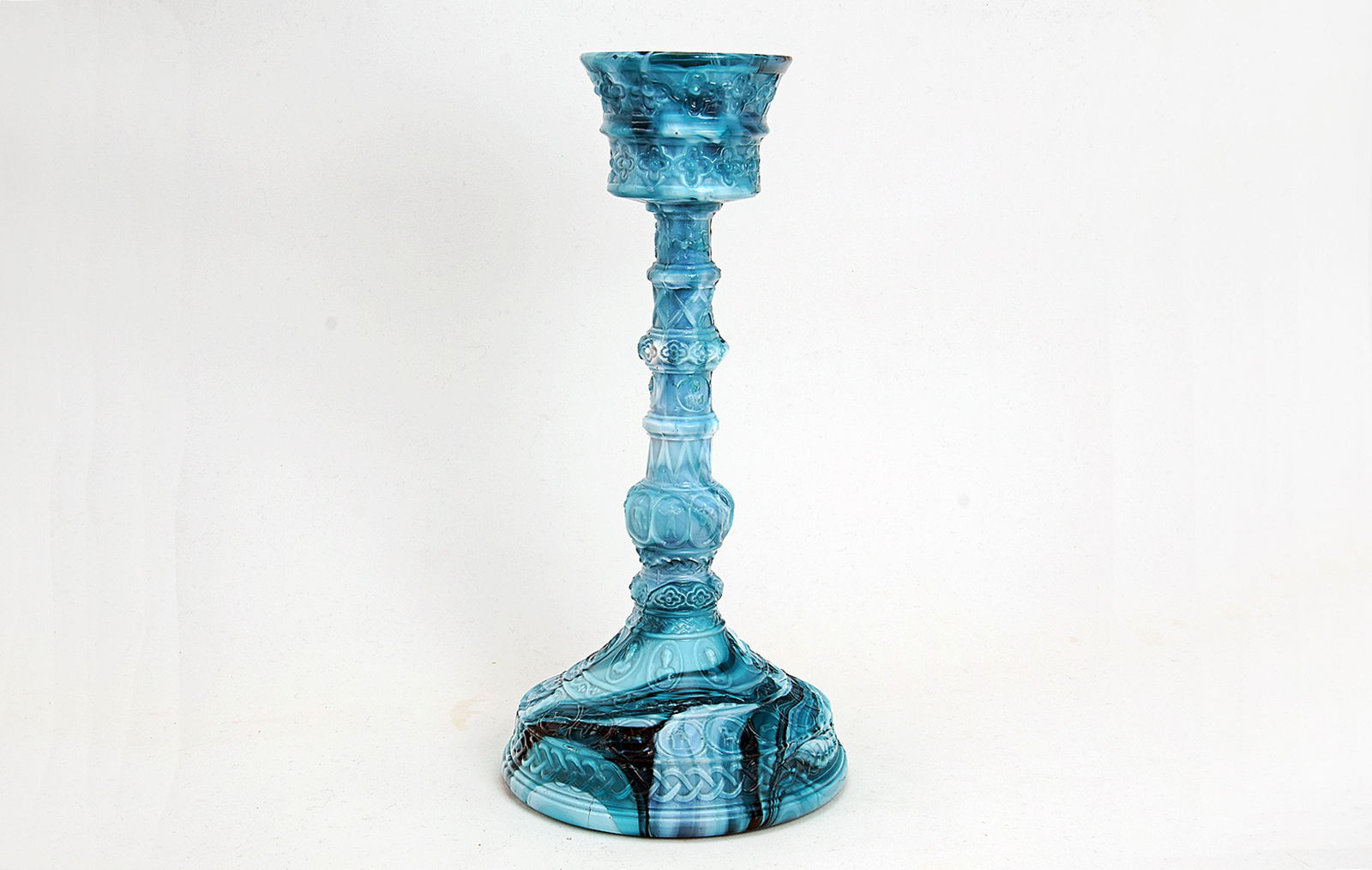 Sowerby blue malachite, candlestick with Celtic and Romanesque decoration