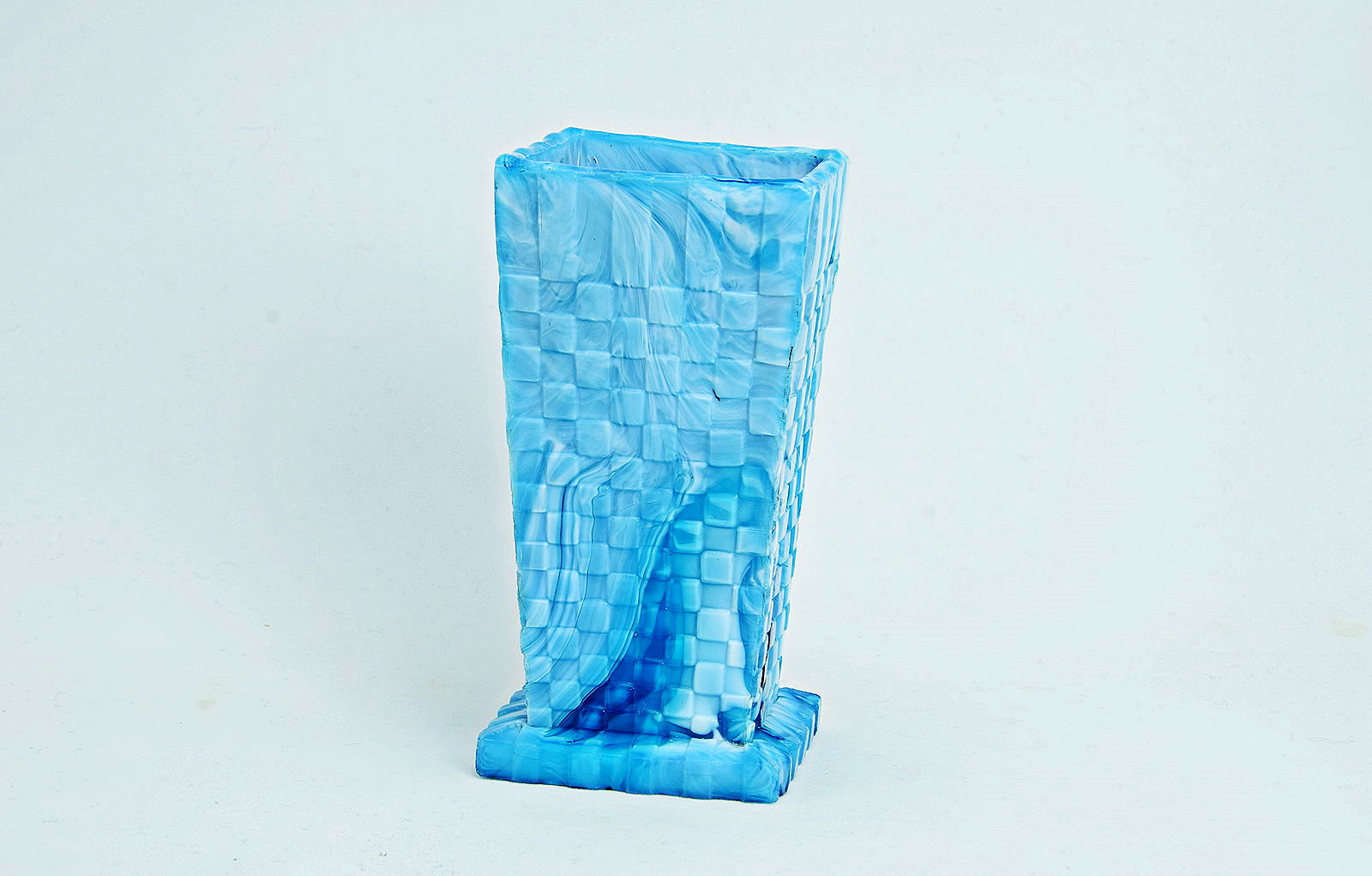 Sowerby blue malachite, tall square shaped vase with block decoration