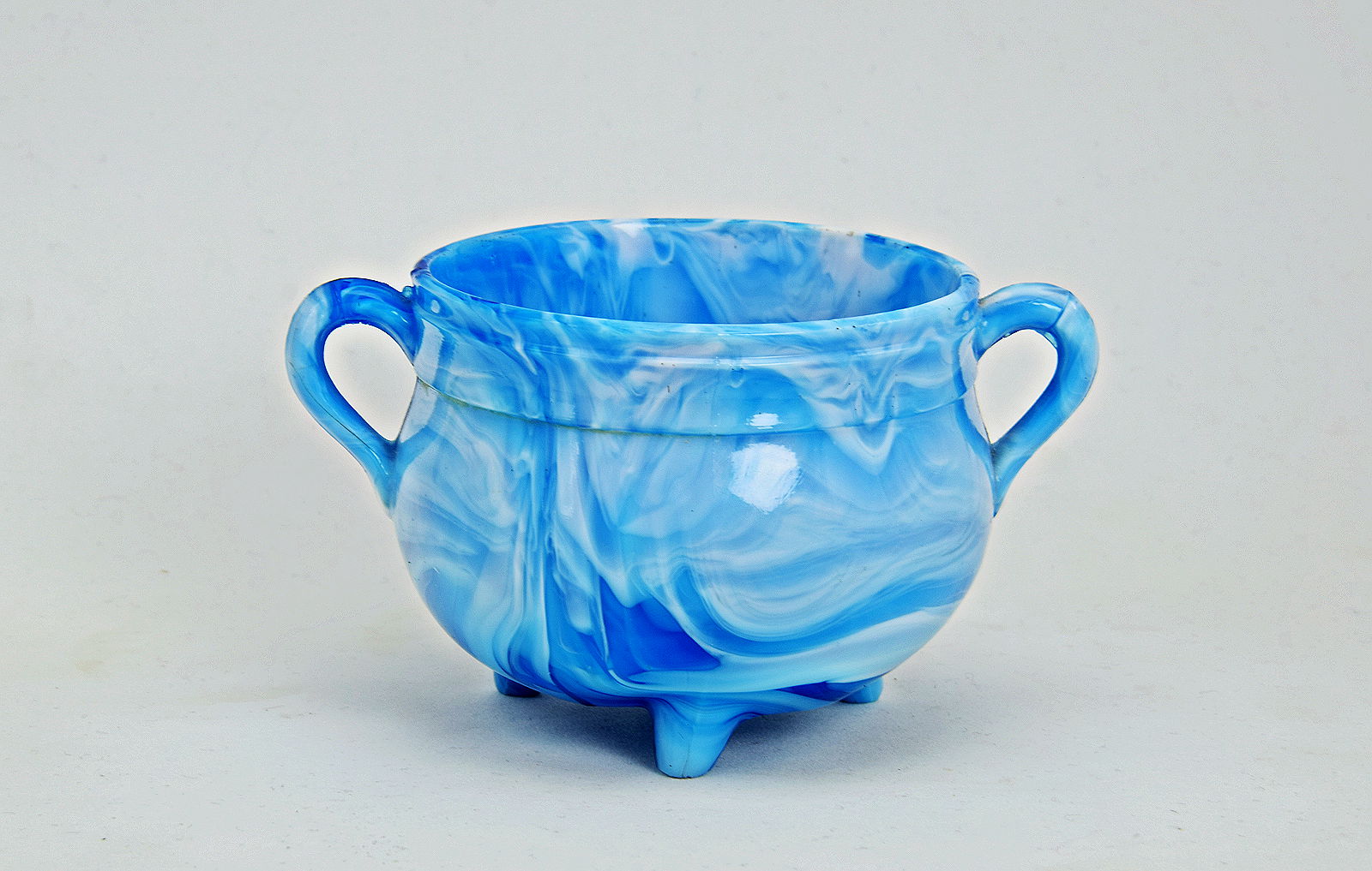 Sowerby blue malachite, cauldron on 3 feet with 2 handles