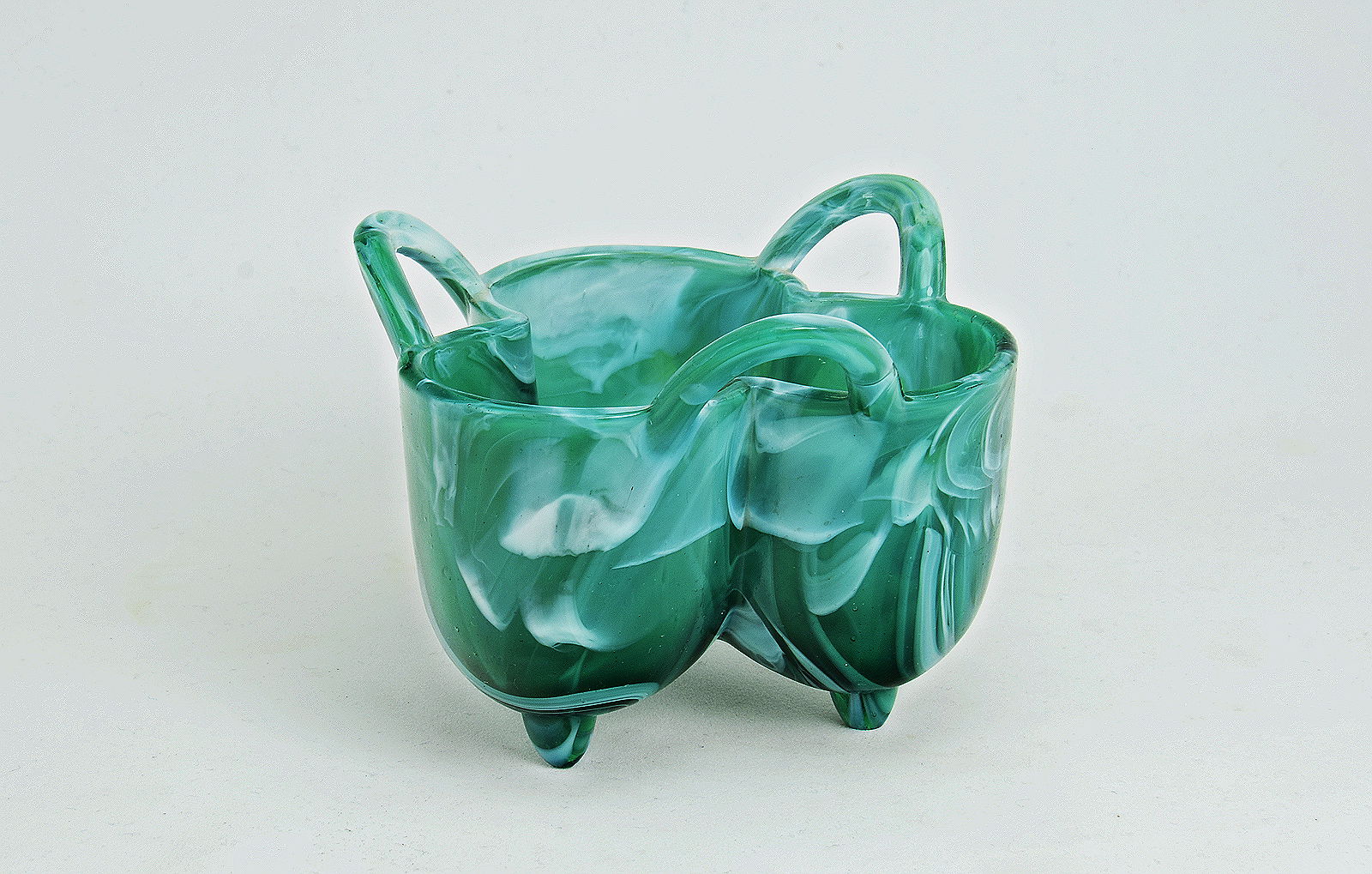 Sowerby green malachite, three section, three handled, three footed posy vase