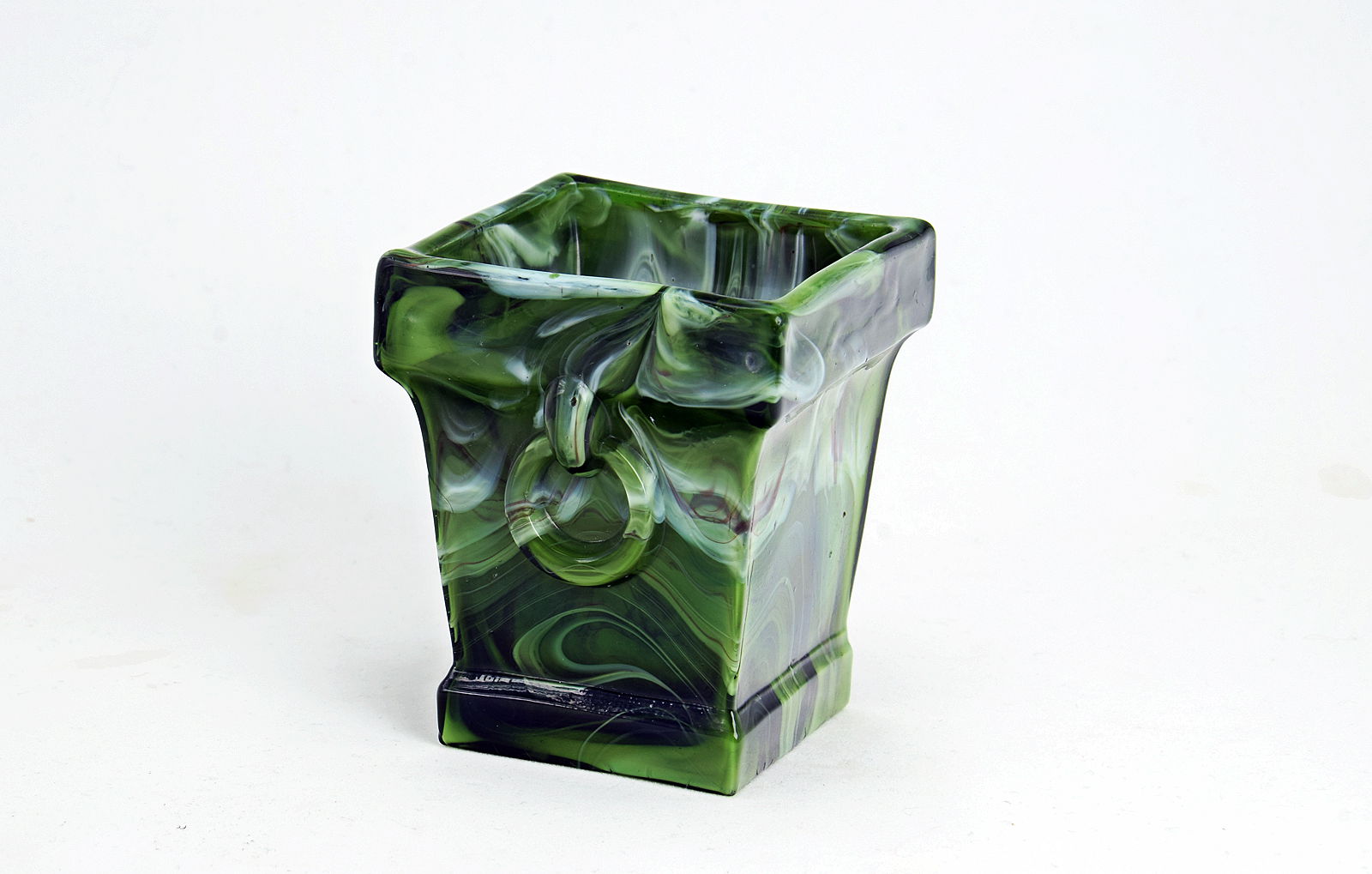 Sowerby green malachite, 2 handled, square posy vase