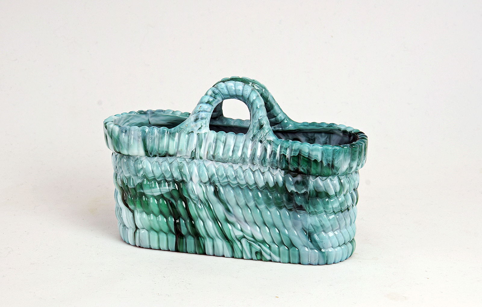 Sowerby green malachite, 2 handled, oblong basket weave posy