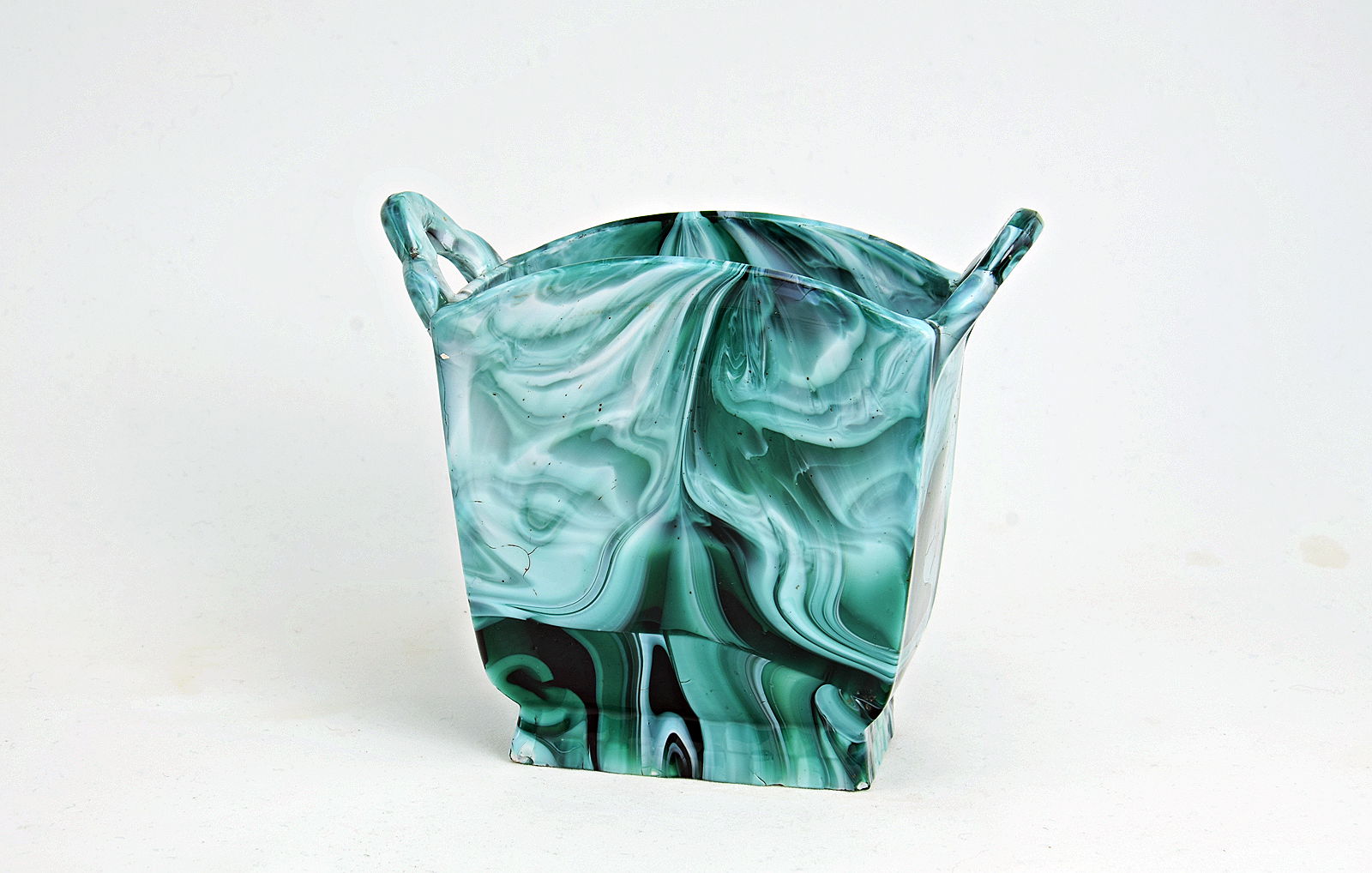 Sowerby green malachite, plain vase with brick pattern foot and 2 handles