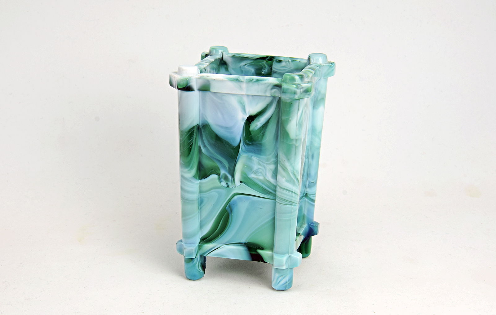 Sowerby green malachite, square posy vase on four feet
