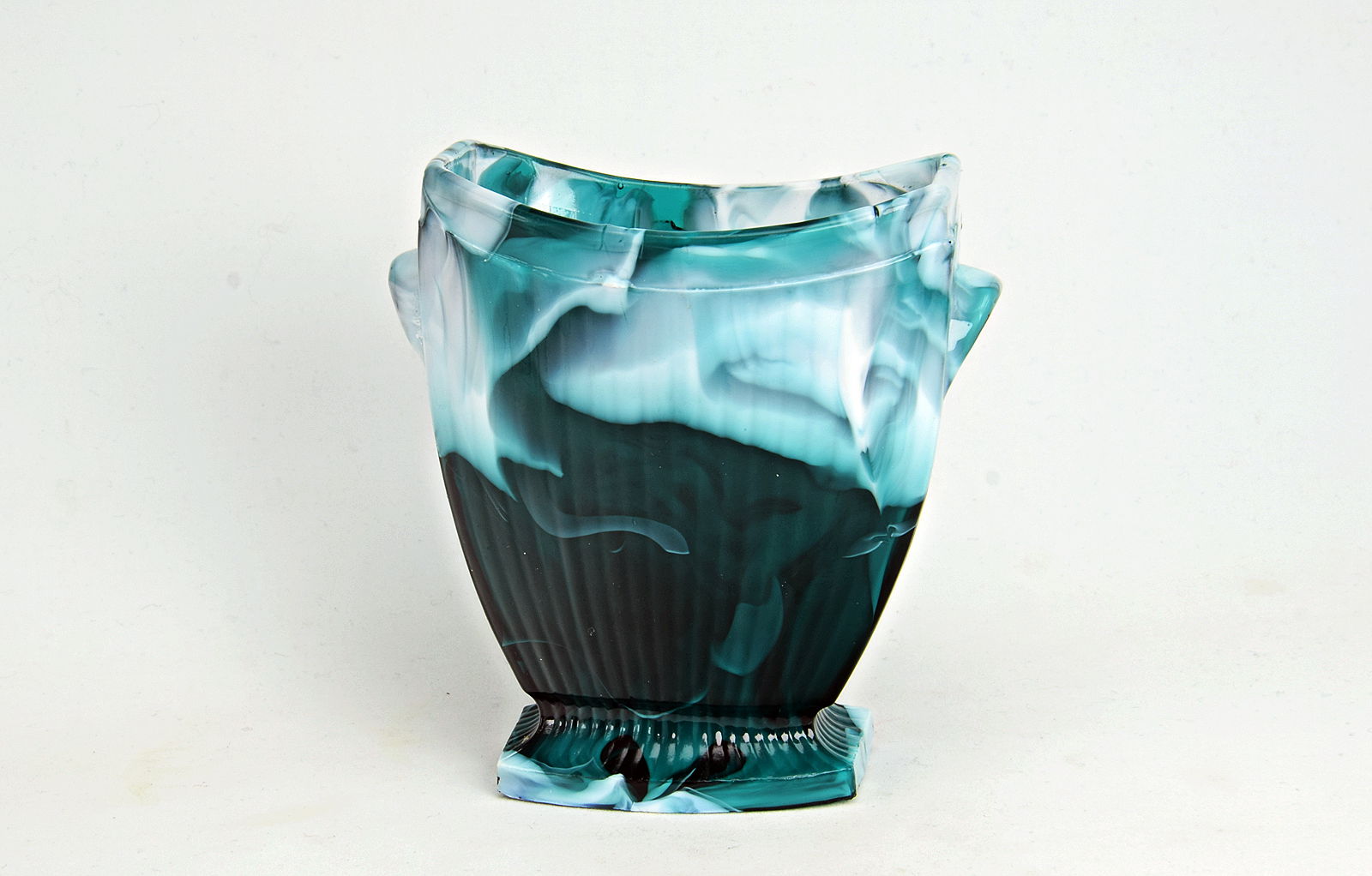 Sowerby green malachite, ribbed heart shaped vase with 2 handles