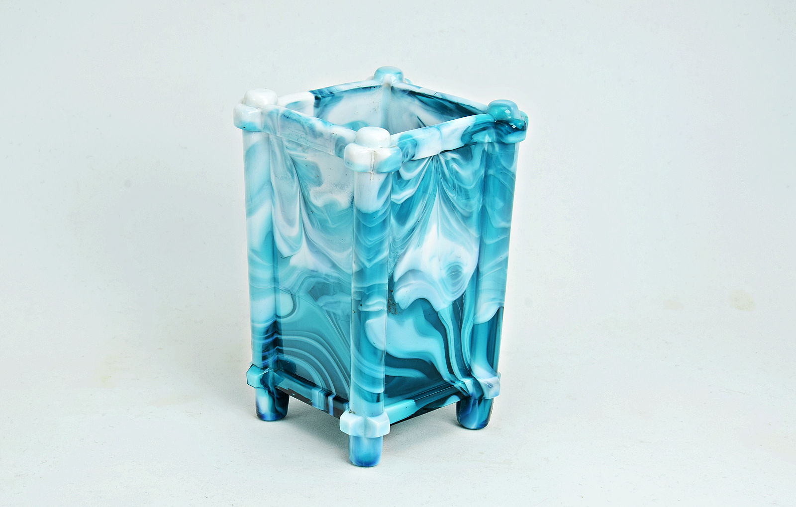 Sowerby green malachite, square posy vase on four feet