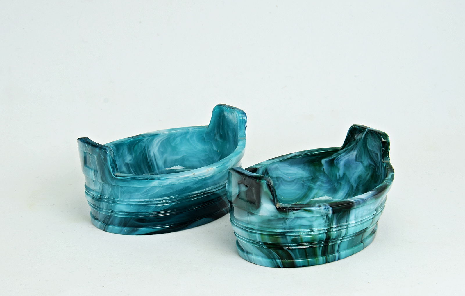 Sowerby green malachite, pair salts in form of wash tubs