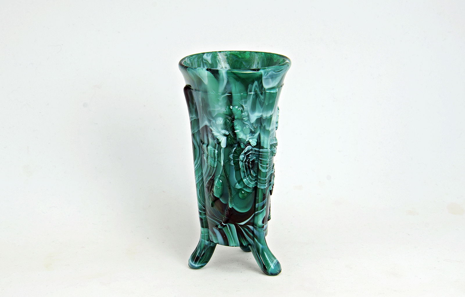 Sowerby green malachite, spill vase on three feet with flower decoration