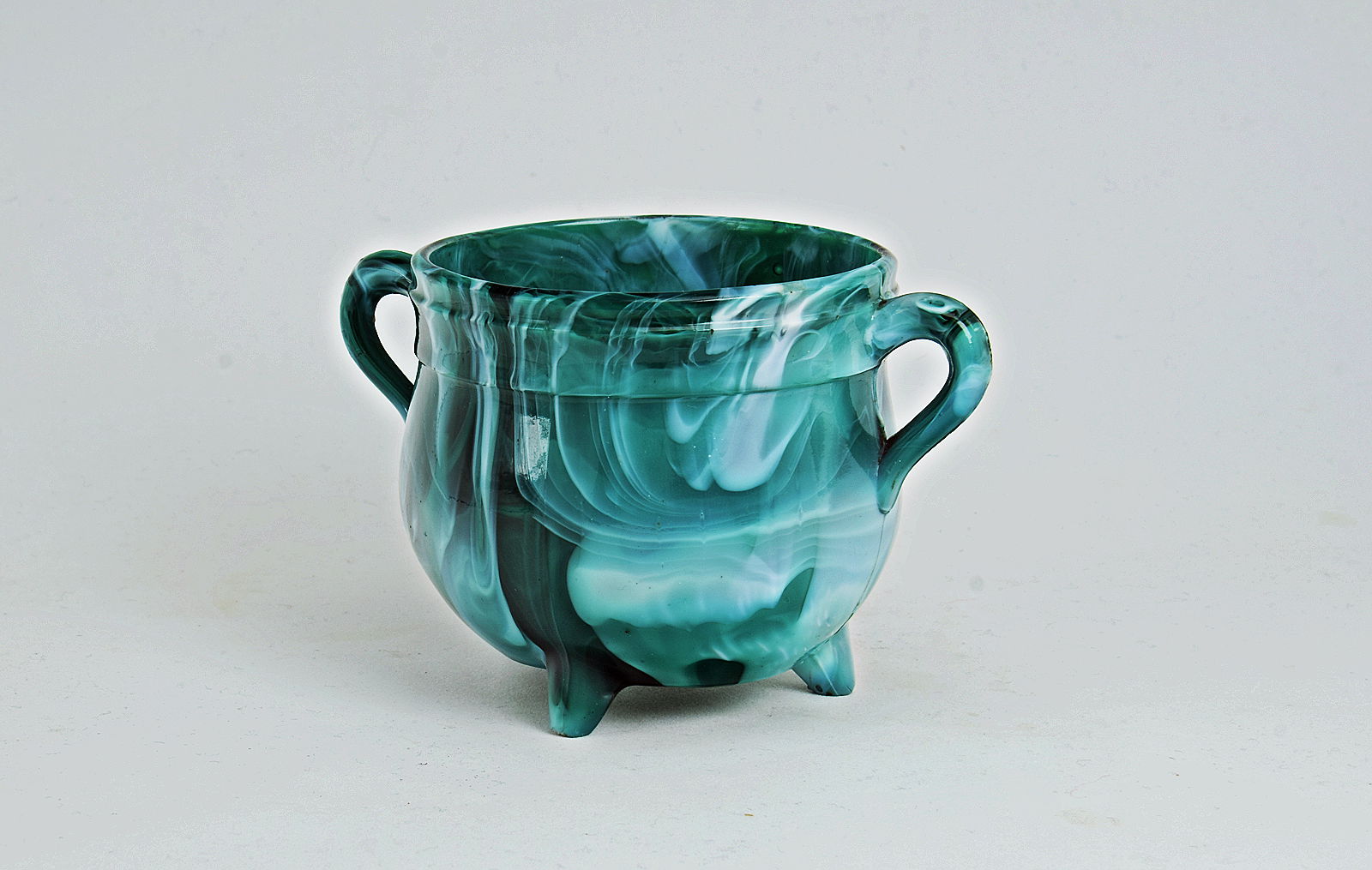 Sowerby green malachite, cauldron on 3 feet with 2 handles