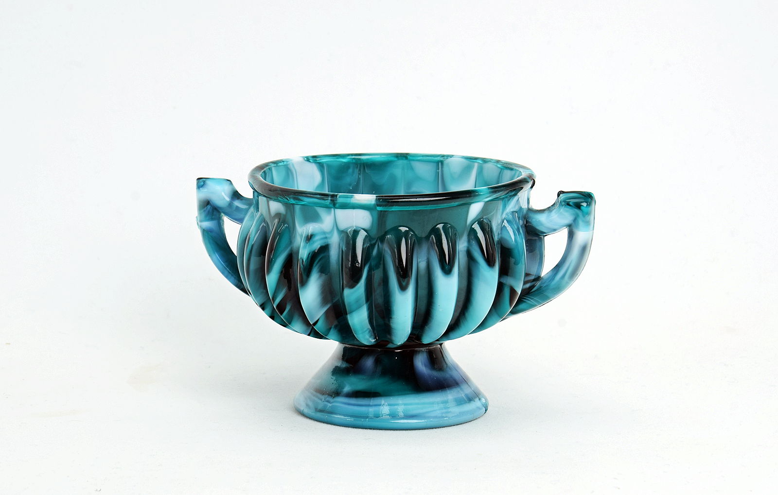Sowerby green malachite, posy vase with 2 handles on raised base
