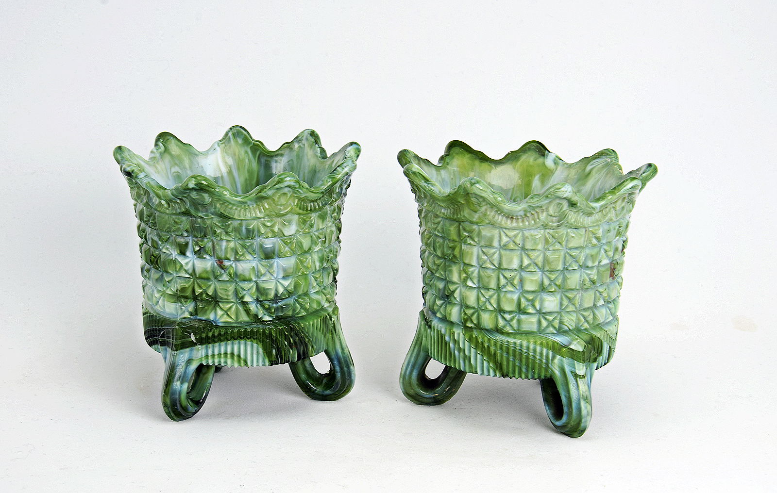 Sowerby green malachite, 2 vases with 3 curled feet