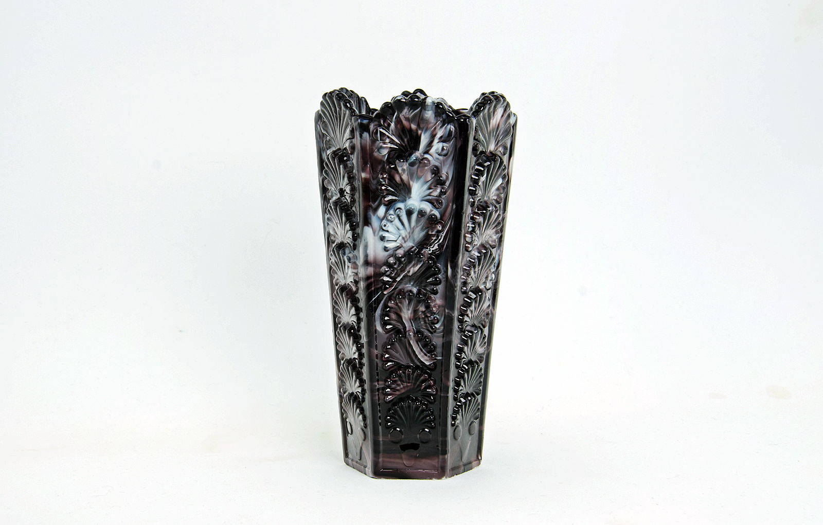 Sowerby purple malachite, 6 sided vase with shell decoration