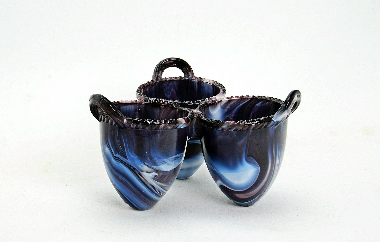 Sowerby purple malachite, 3 section, half egg-shaped vase with 3 handles