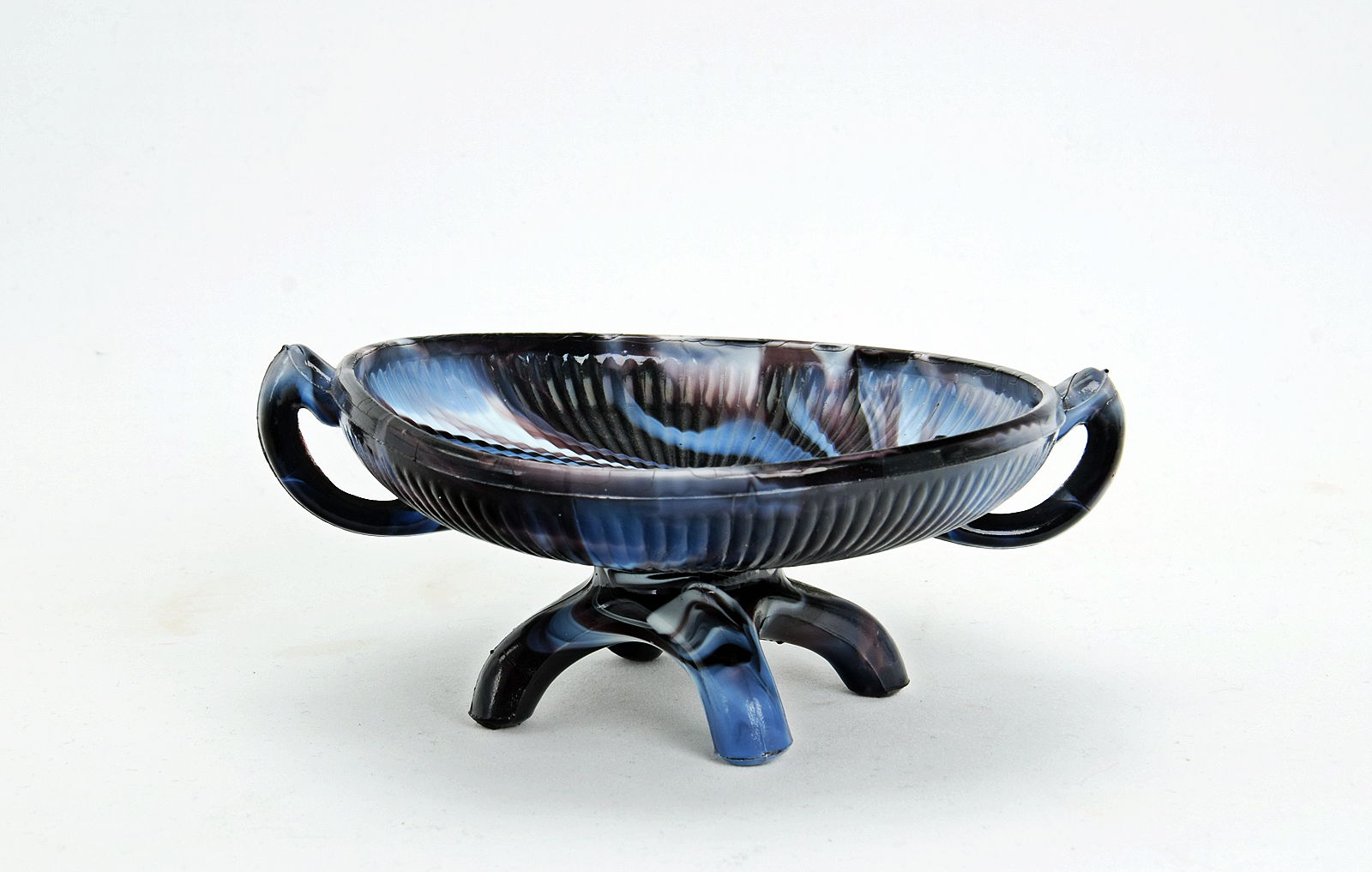 Sowerby purple malachite, small ribbed comport with 2 handles on 4 raised feet
