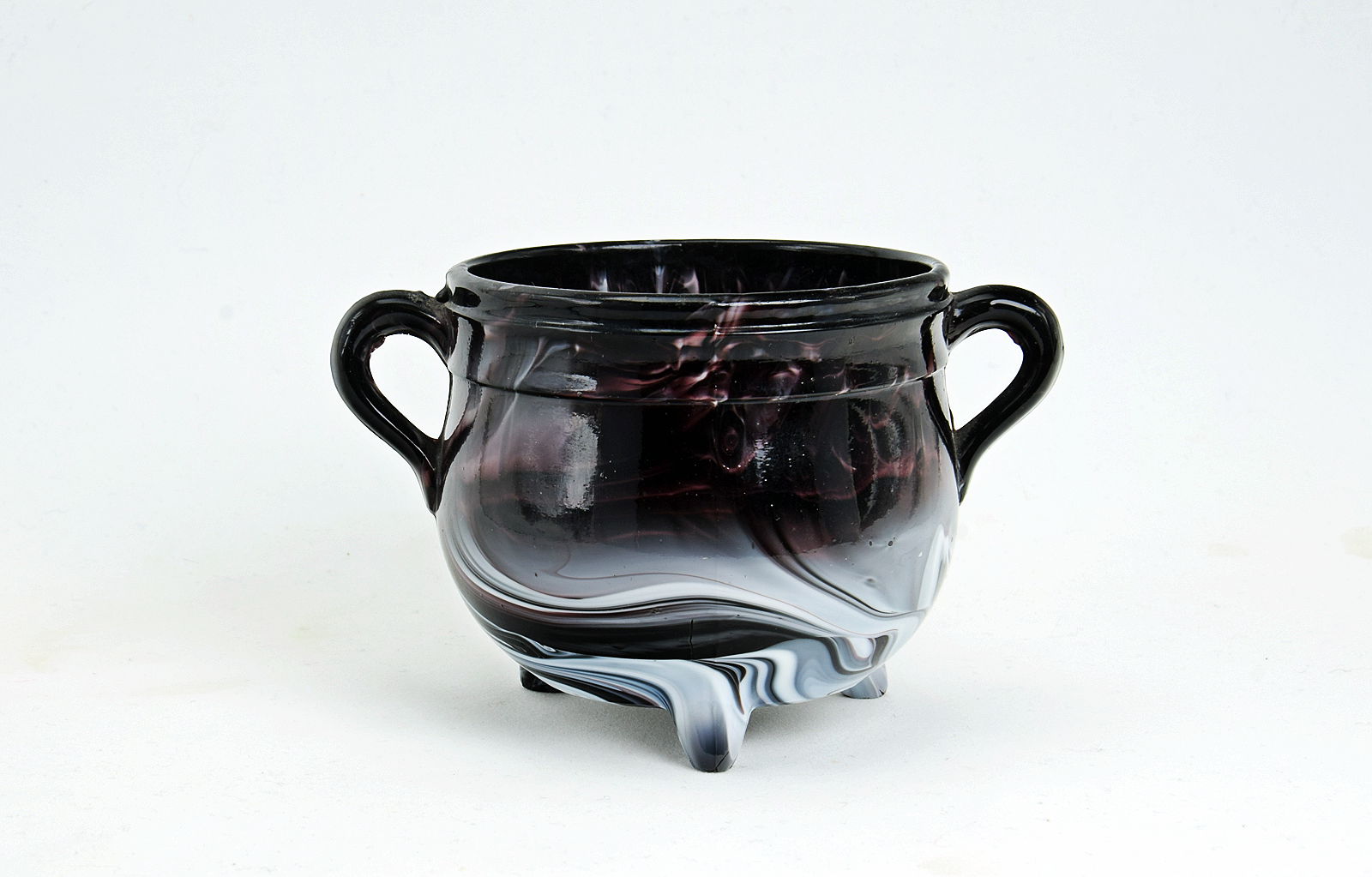 Sowerby purple malachite, cauldron on 3 feet with 2 handles