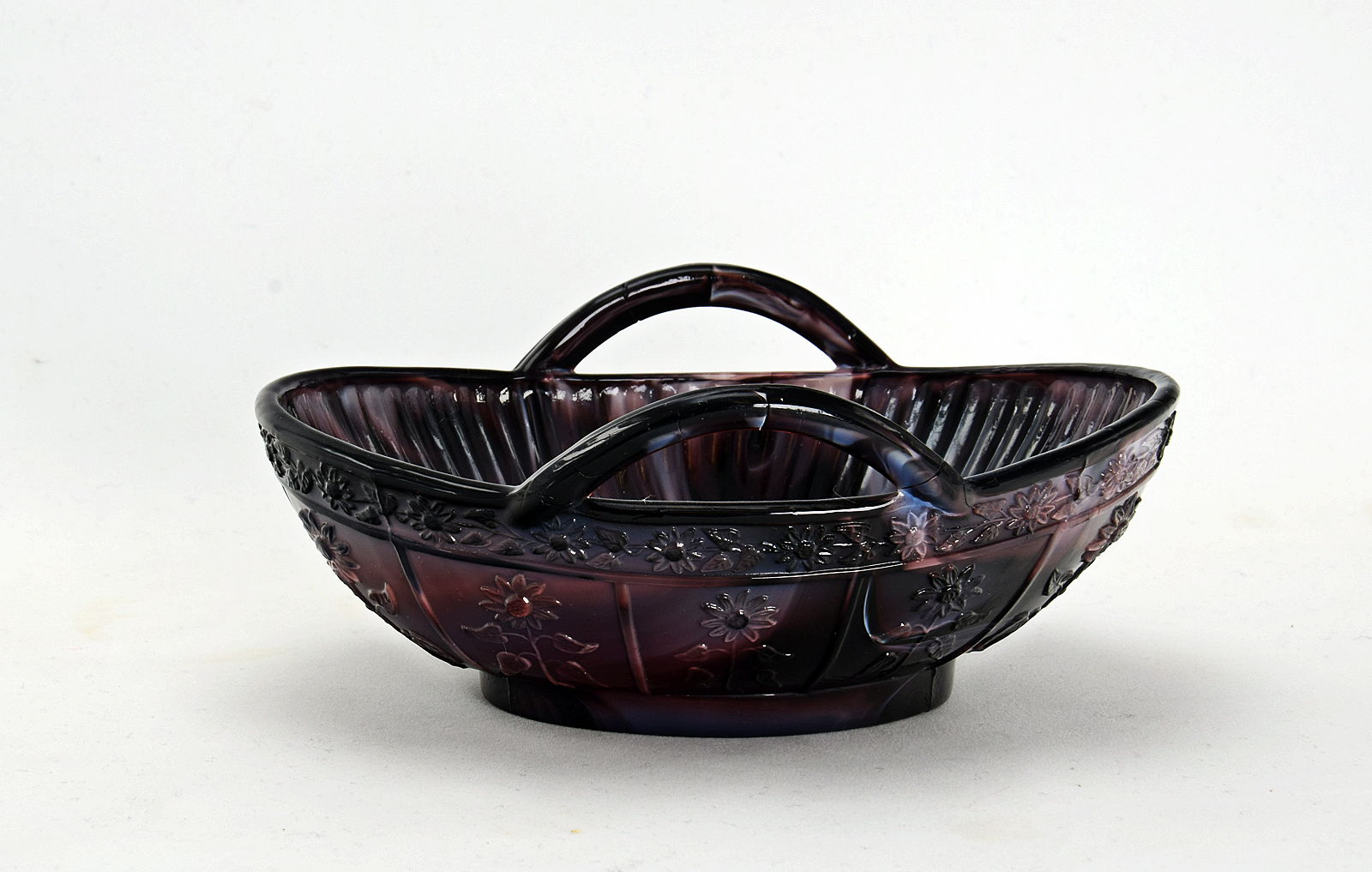 Sowerby purple malachite, Japanese inspired open basket with ribbed interior, external flower decoration and 2 handles