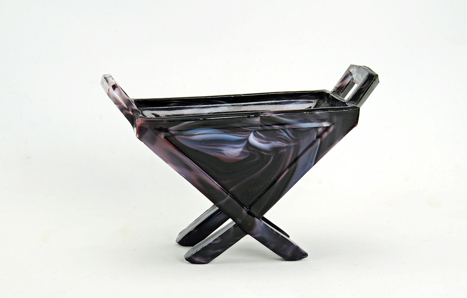 Sowerby purple malachite, triangular 4 footed vase with 2 handles