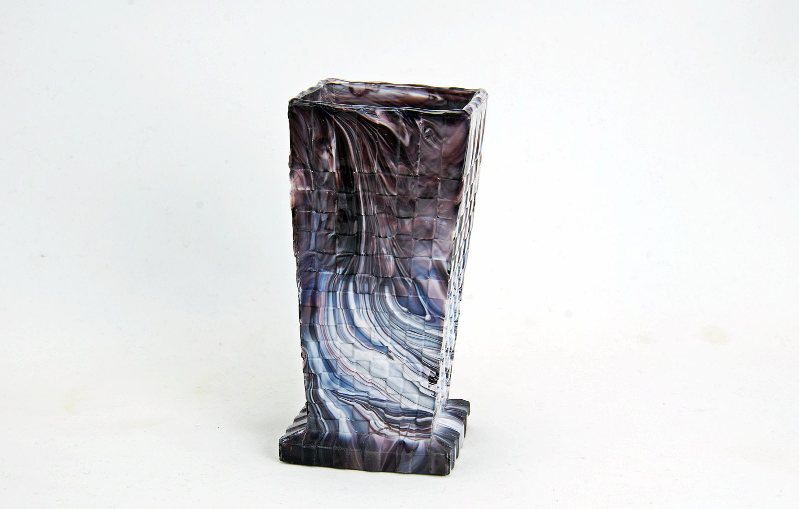 Sowerby purple malachite, tall square shaped vase with block decoration