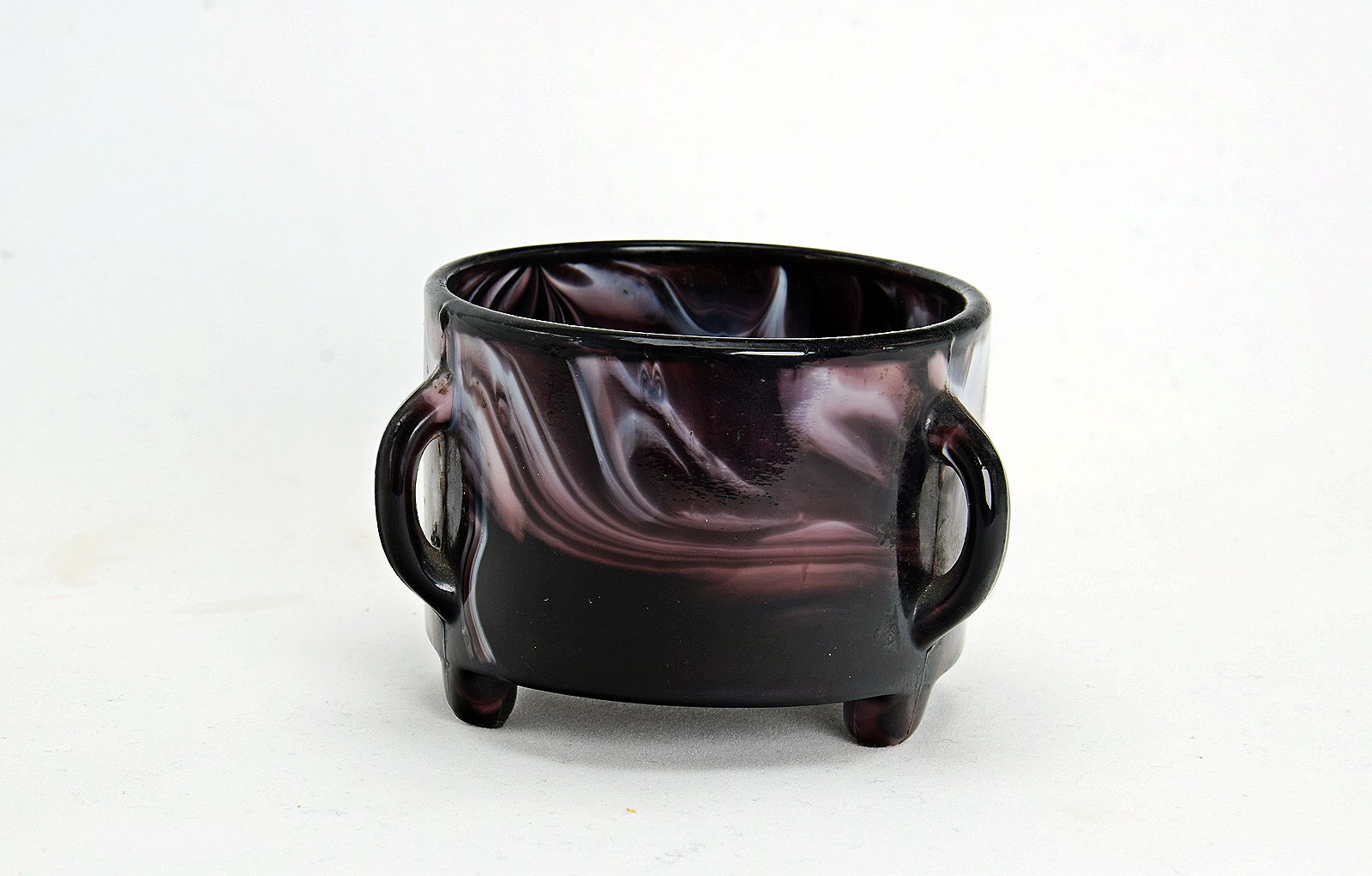 Sowerby purple malachite, round posy vase with 3 feet and 3 handles