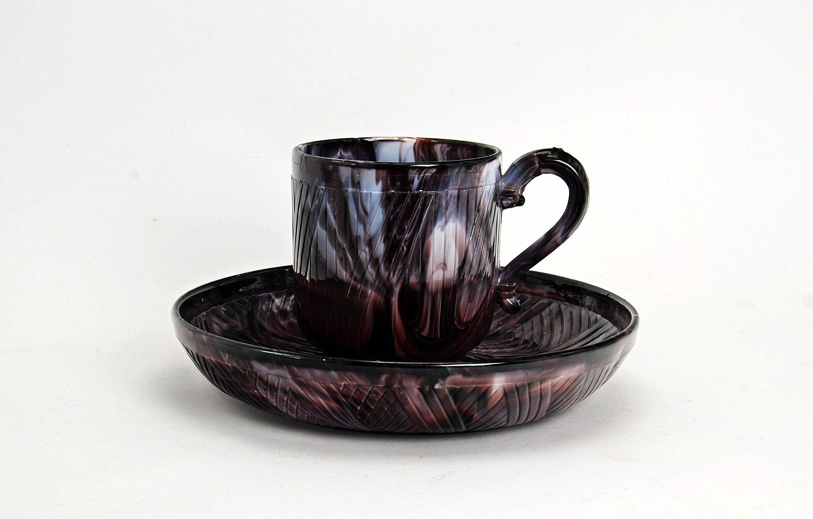 Sowerby purple malachite, tea cup and saucer with Japanese style cross-hatched pattern