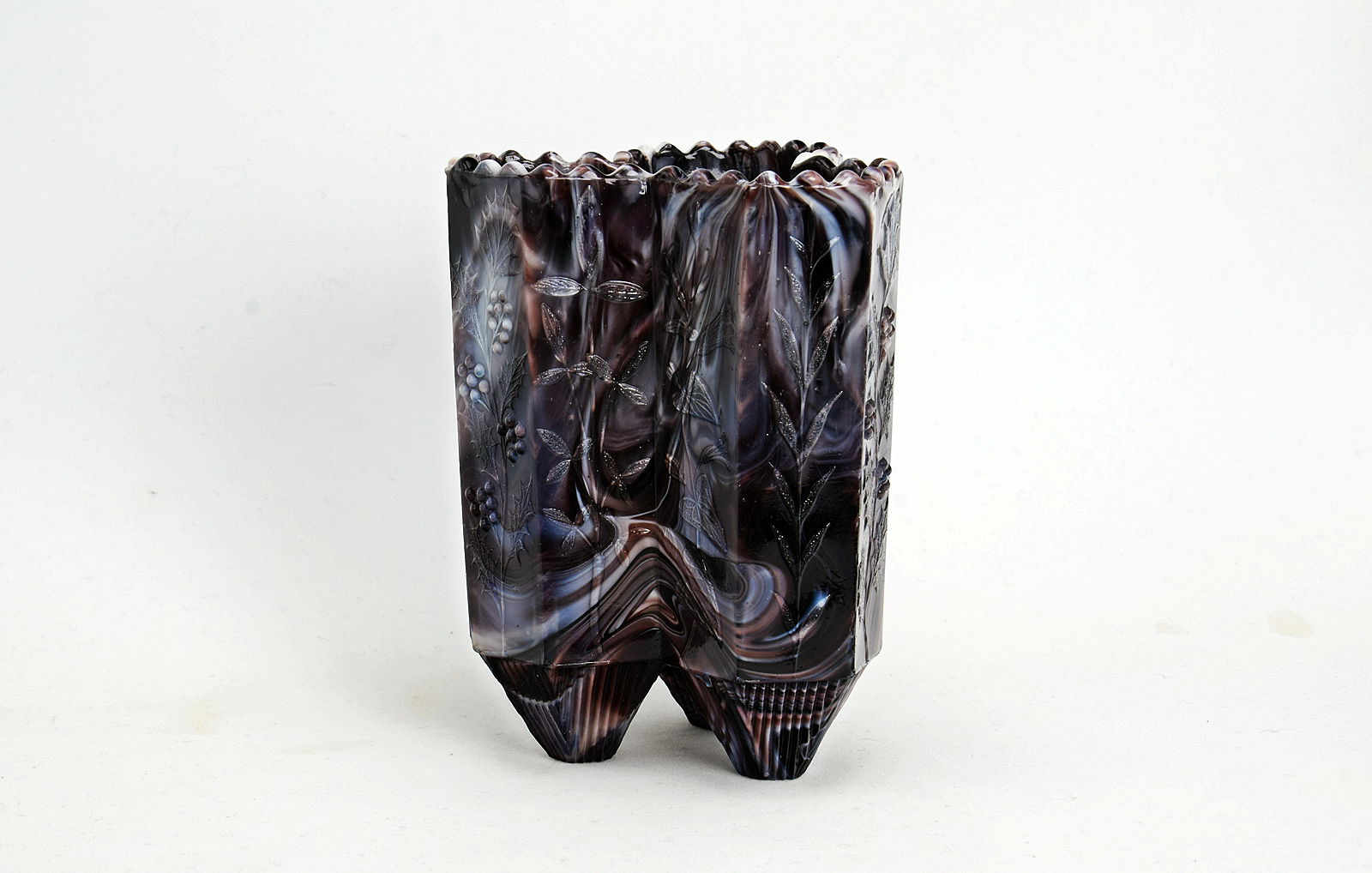 Sowerby purple malachite, 3 part vase with flower decoration on pointed ribbed feet