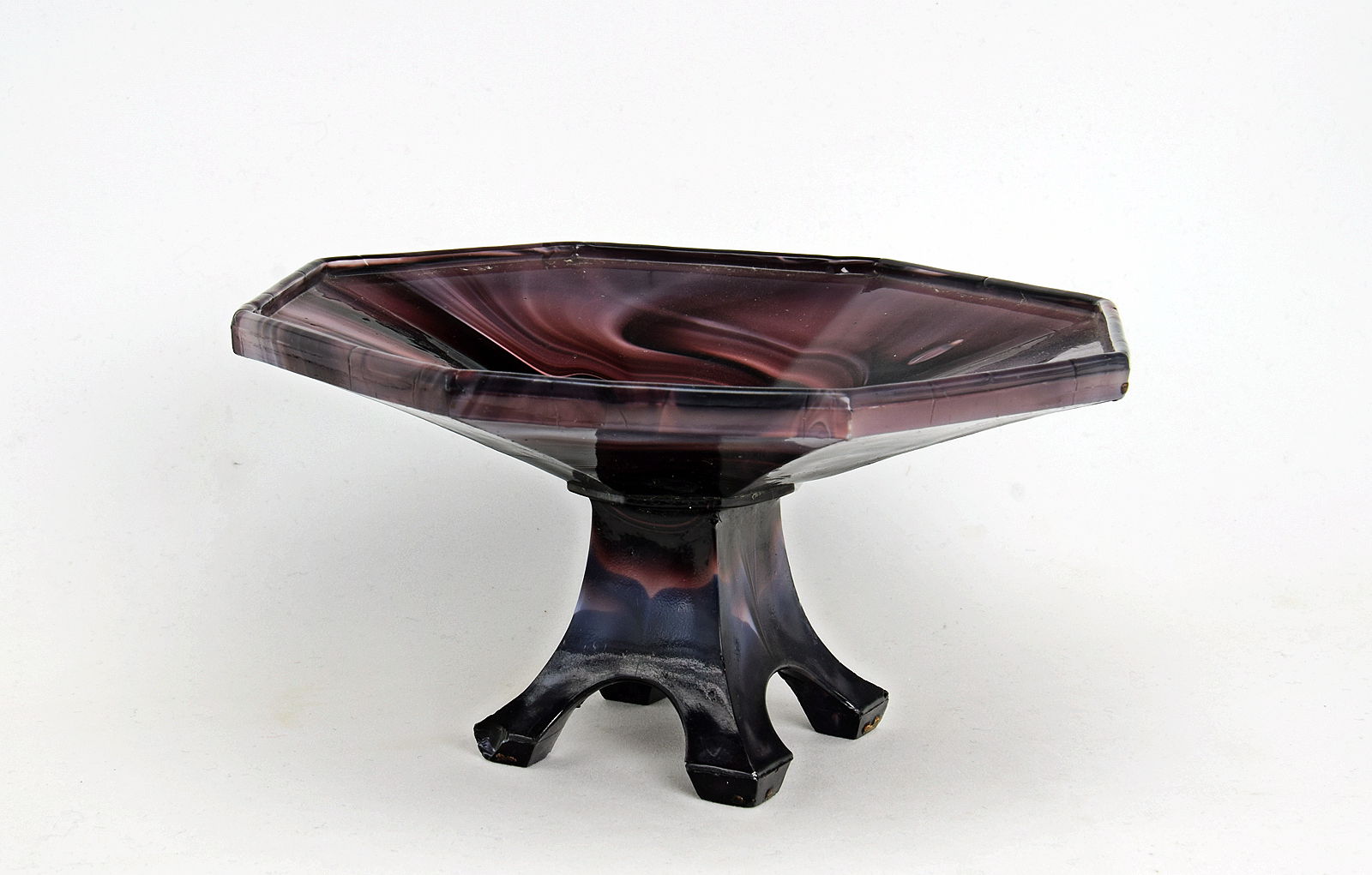 Sowerby purple malachite, small 8 sided, neo-gothic comport on 4 feet