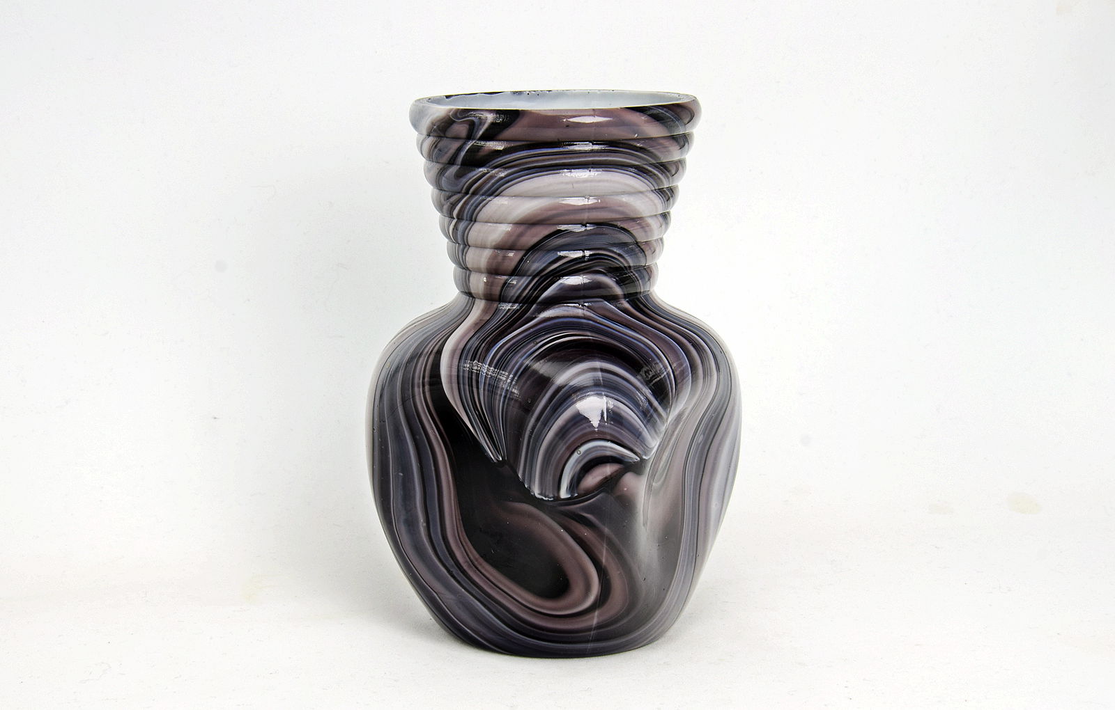 Sowerby purple malachite, large blown bulbus vase with banded neck