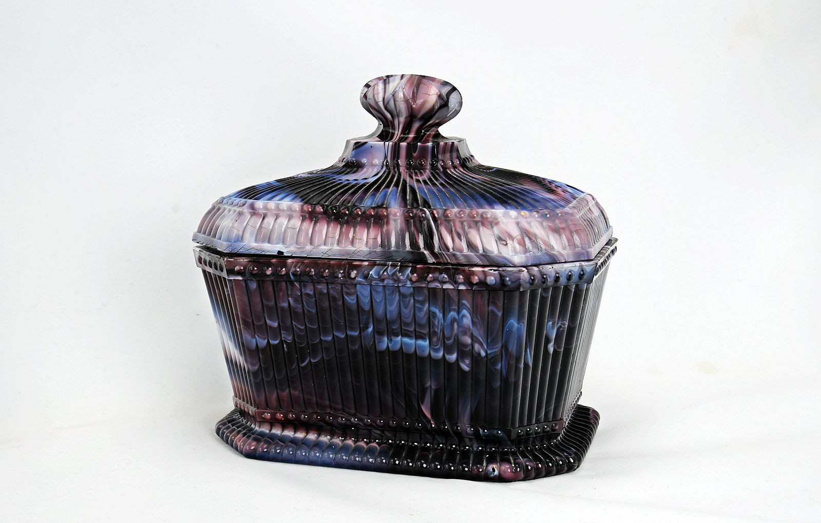 Sowerby purple malachite, biscuit box with ribbed decoration