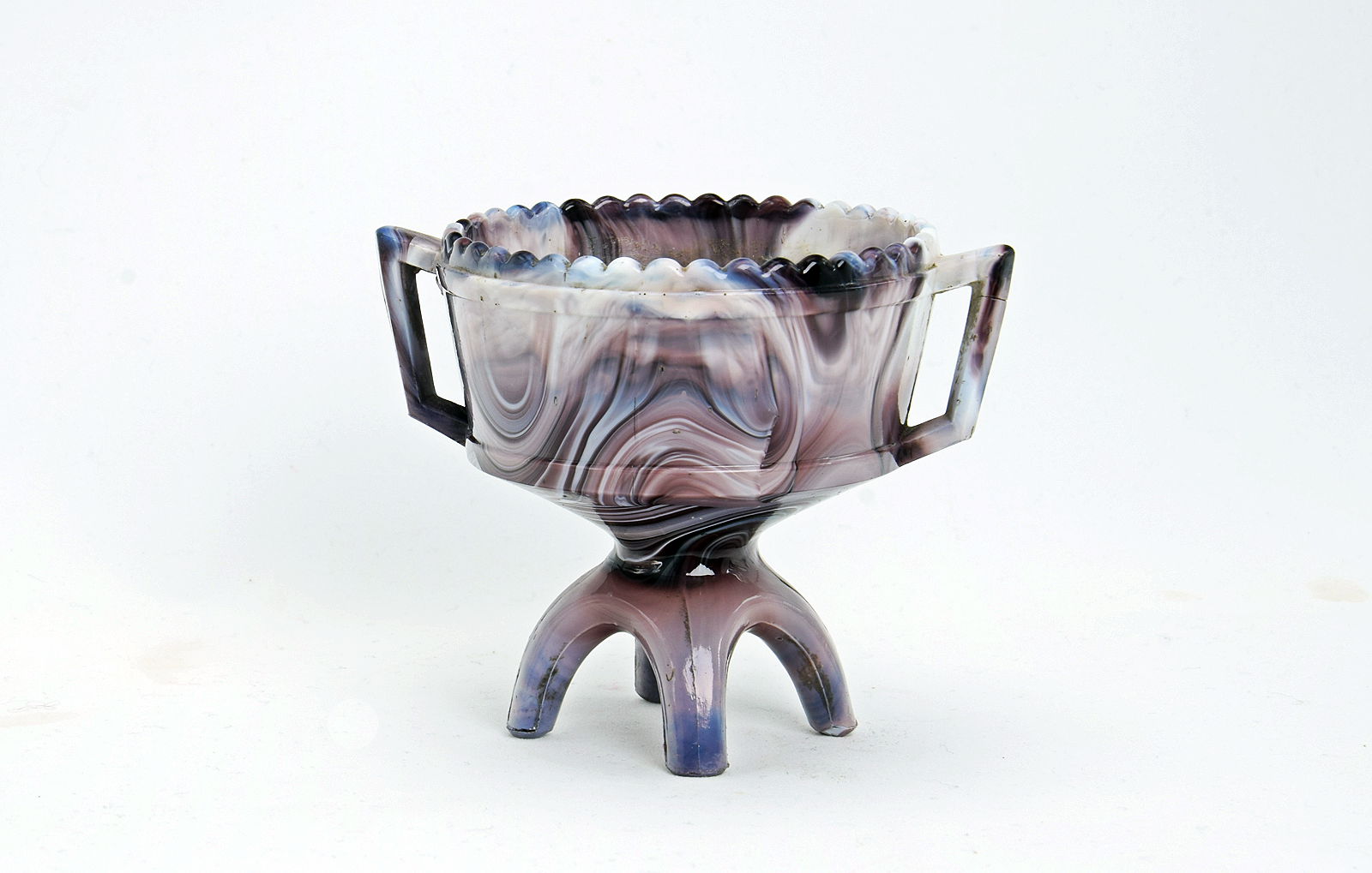 Sowerby purple malachite, small, two handled vase raised on four feet