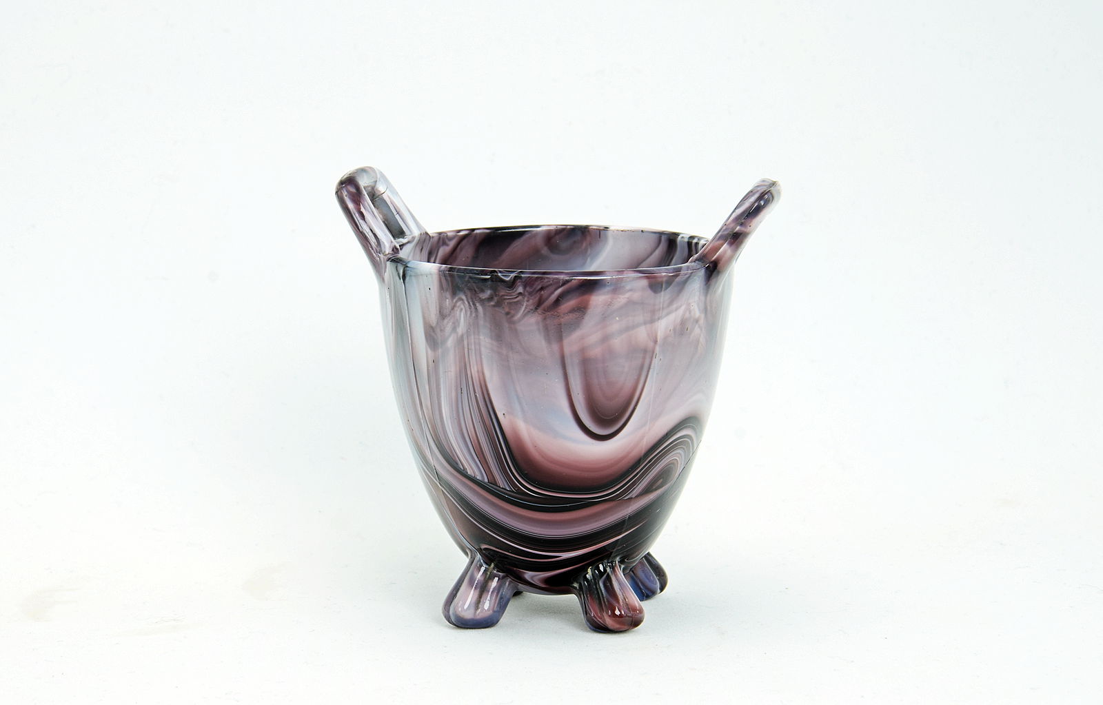 Sowerby purple malachite, small, two handled vase on four feet